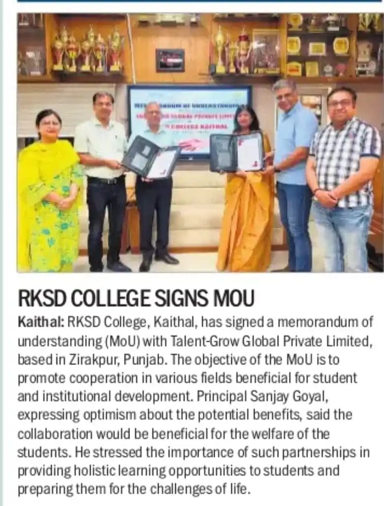 Rksd College And Talentgro Global Sign Mou For Student Development And Collaboration